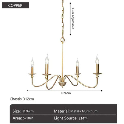 Vintage black and gold metal pendant light featuring a copper five-bulb candle chandelier for dining rooms