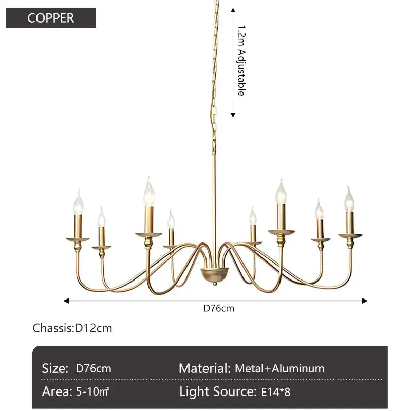 Vintage black and gold metal pendant light with copper chandelier and eight candle-like bulbs for dining room use