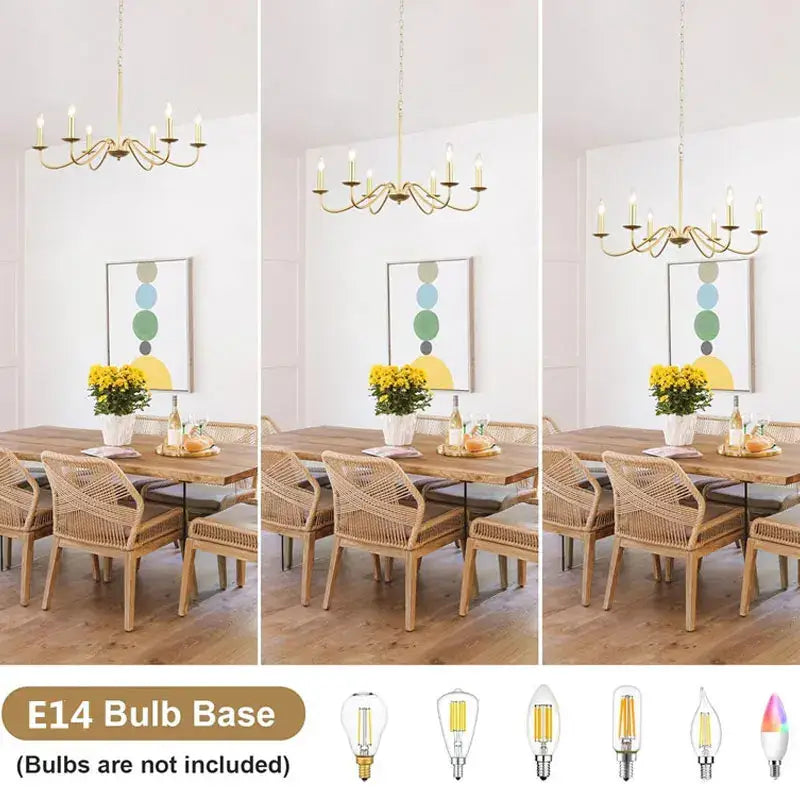 Vintage black and gold metal pendant light featuring a gold-toned wrought iron chandelier with candle-style arms and exposed bulbs