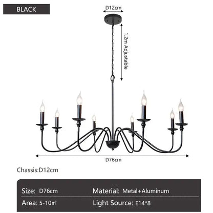 Vintage black and gold metal pendant light chandelier with eight candle-style lights for dining room use
