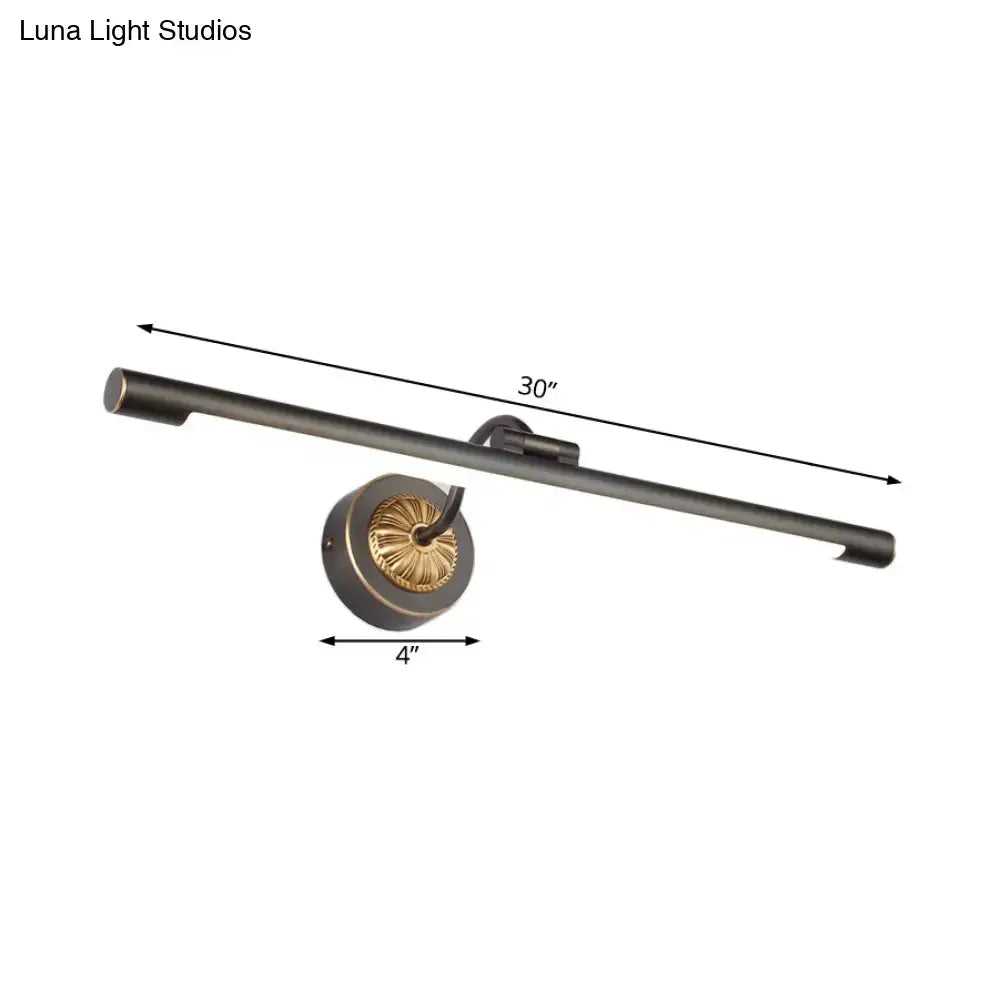Vintage black gold wall light with 30-inch matte black arm and 4-inch brass sunburst base for bathroom vanity