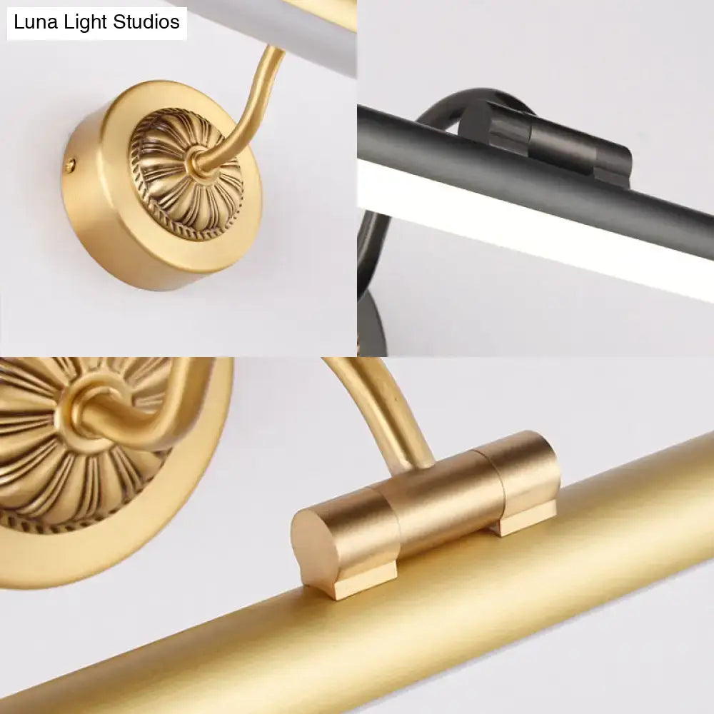Vintage black gold wall light with gold-finished ornate circular base and sleek modern bar design for bathroom vanity