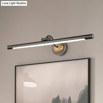 Modern black matte finished led wall light with a black gold finish and decorative circular base for bathroom vanity