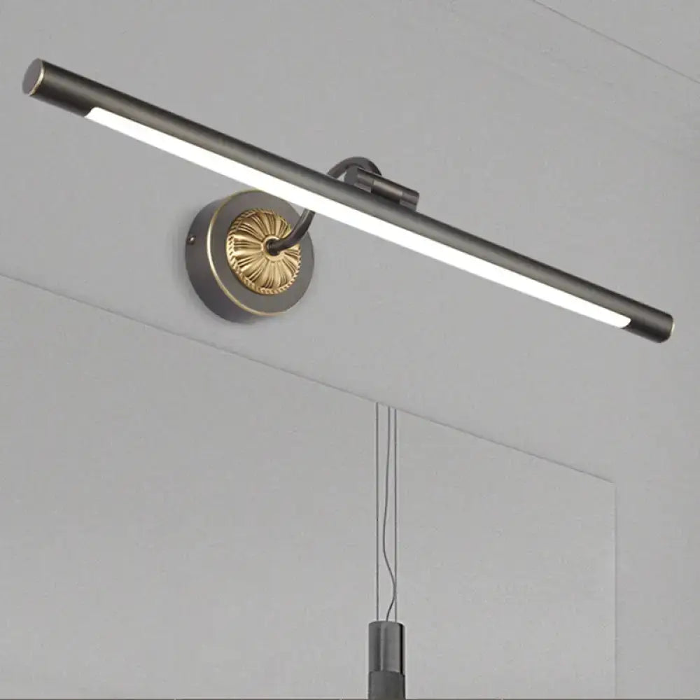 Modern matte black led vanity wall light with black gold finish and decorative gold-toned circular base for bathroom