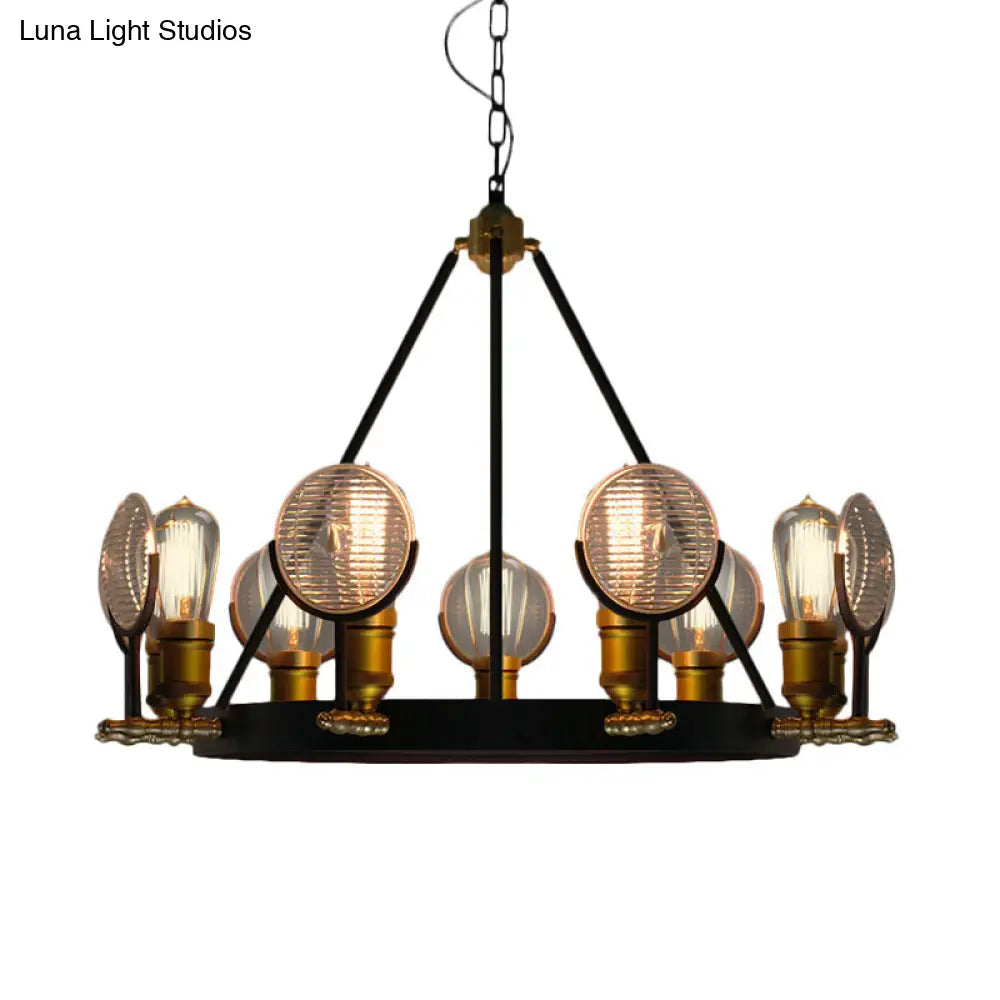 Vintage Black Grid Glass Lens Chandelier Lamp - 6/9/12 Lights Hanging Light Kit for Restaurants