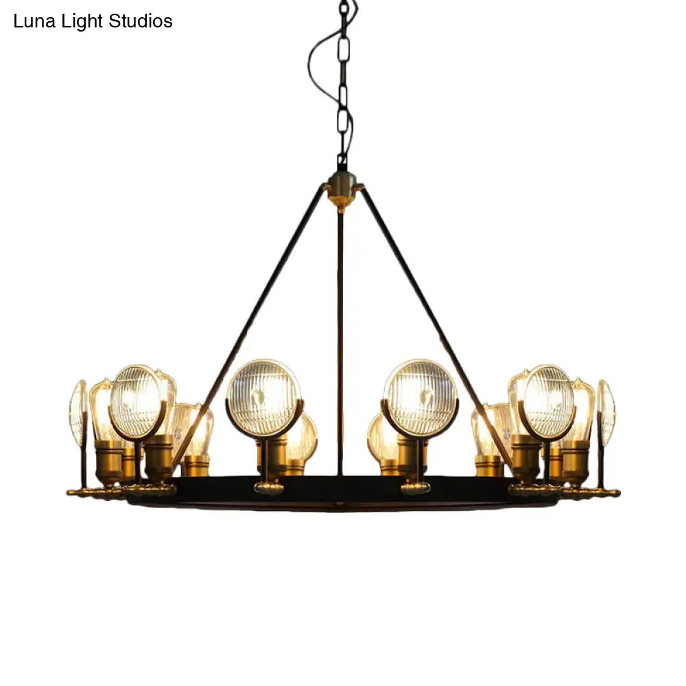 Vintage Black Grid Glass Lens Chandelier Lamp - 6/9/12 Lights Hanging Light Kit for Restaurants