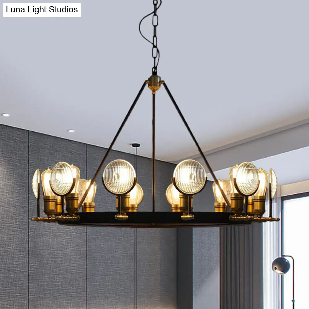 Vintage Black Grid Glass Lens Chandelier Lamp - 6/9/12 Lights Hanging Light Kit for Restaurants