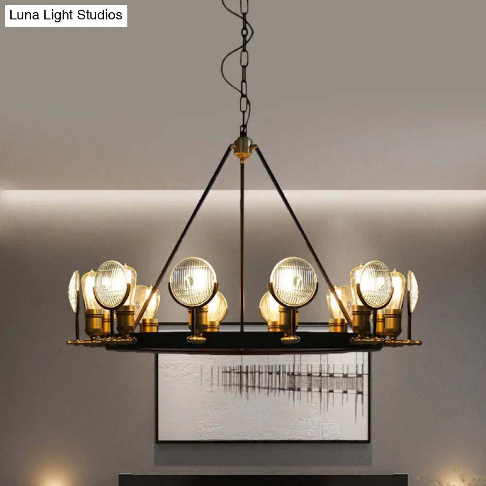 Vintage Black Grid Glass Lens Chandelier Lamp - 6/9/12 Lights Hanging Light Kit for Restaurants