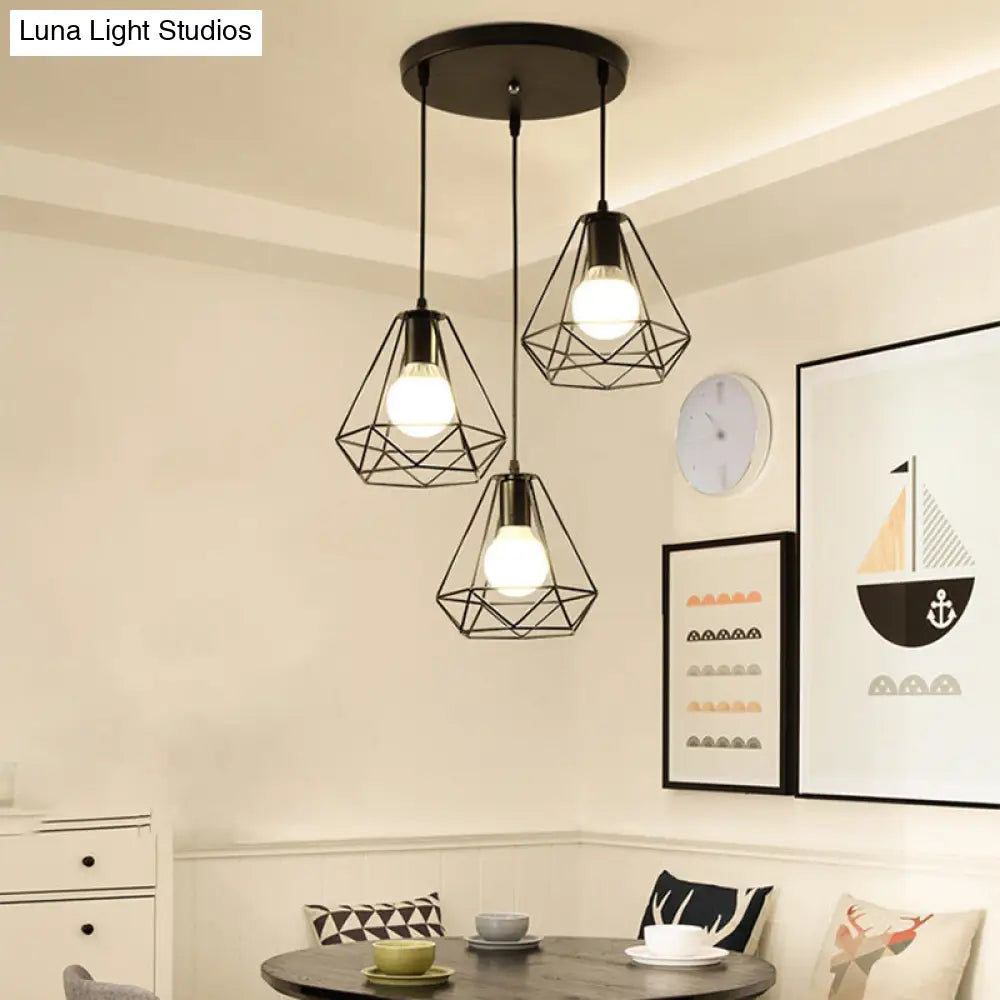 Vintage Black Iron Diamond Ceiling Lamp for Dining Room, Single-Bulb Hanging Light
