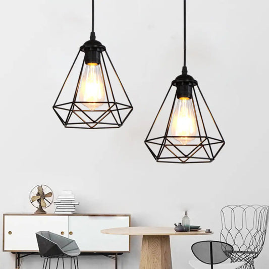Vintage Black Iron Diamond Ceiling Lamp for Dining Room, Single-Bulb Hanging Light