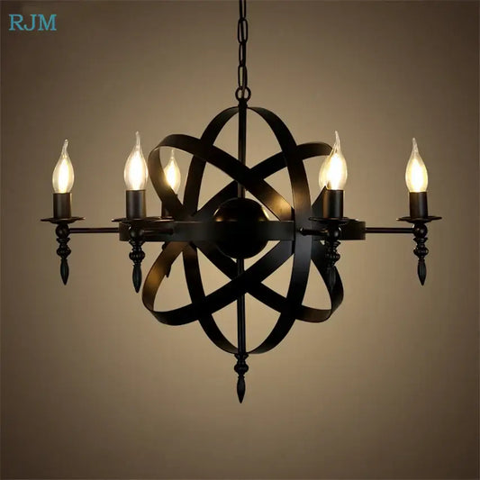 Vintage black iron pendant light featuring an atomic model design with five lit candle-style bulbs for decorbites iron pendant