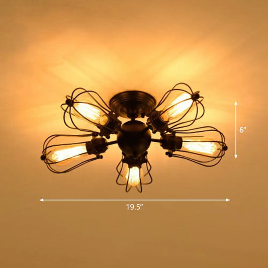 Vintage Black Iron Semi Flush Ceiling Light with Radial Shape and Cage - Ideal for Restaurants