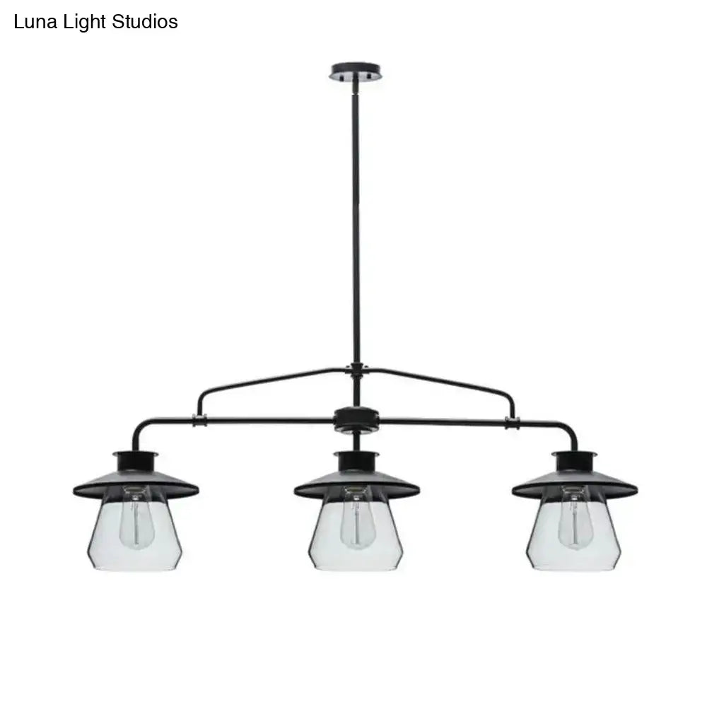 Decorbites vintage black metal chandelier with three clear glass shades and glass island lighting for dining room
