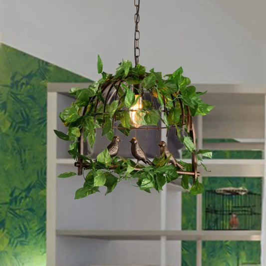 Vintage Black Metal Birdcage Pendant Light with LED Plant Hanging Lamp for Restaurants