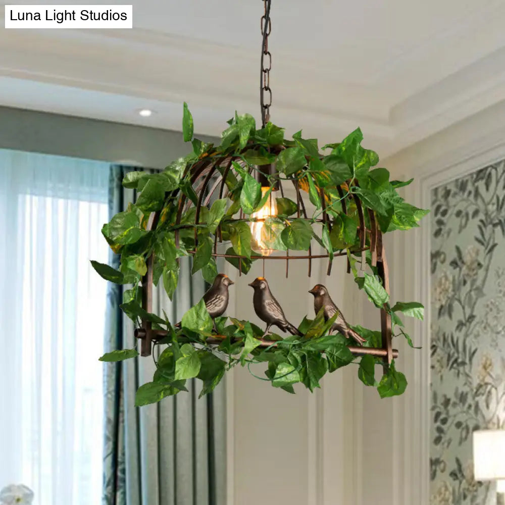 Vintage Black Metal Birdcage Pendant Light with LED Plant Hanging Lamp for Restaurants