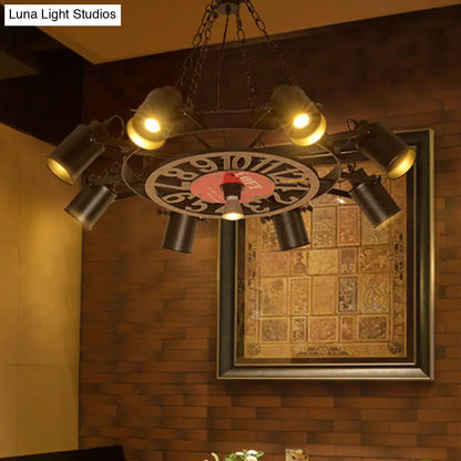 Vintage Black Metal Cylinder Chandelier with 8 Lights and Number Deco