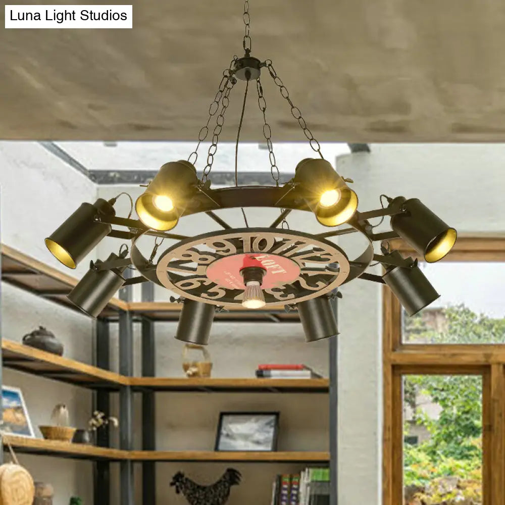 Vintage Black Metal Cylinder Chandelier with 8 Lights and Number Deco