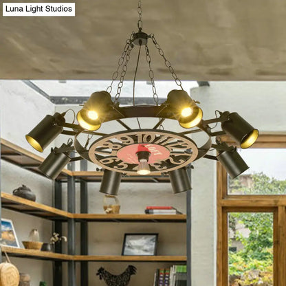 Vintage Black Metal Cylinder Chandelier with 8 Lights and Number Deco