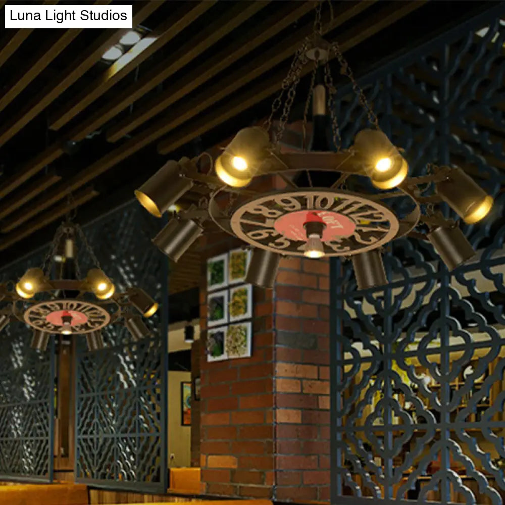 Vintage Black Metal Cylinder Chandelier with 8 Lights and Number Deco