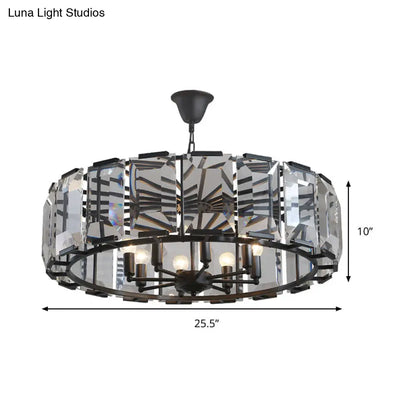 Vintage Black Metal Drum Shade Chandelier with Crystal Block - 18" Diameter, 5/8 Heads Hanging Lamp