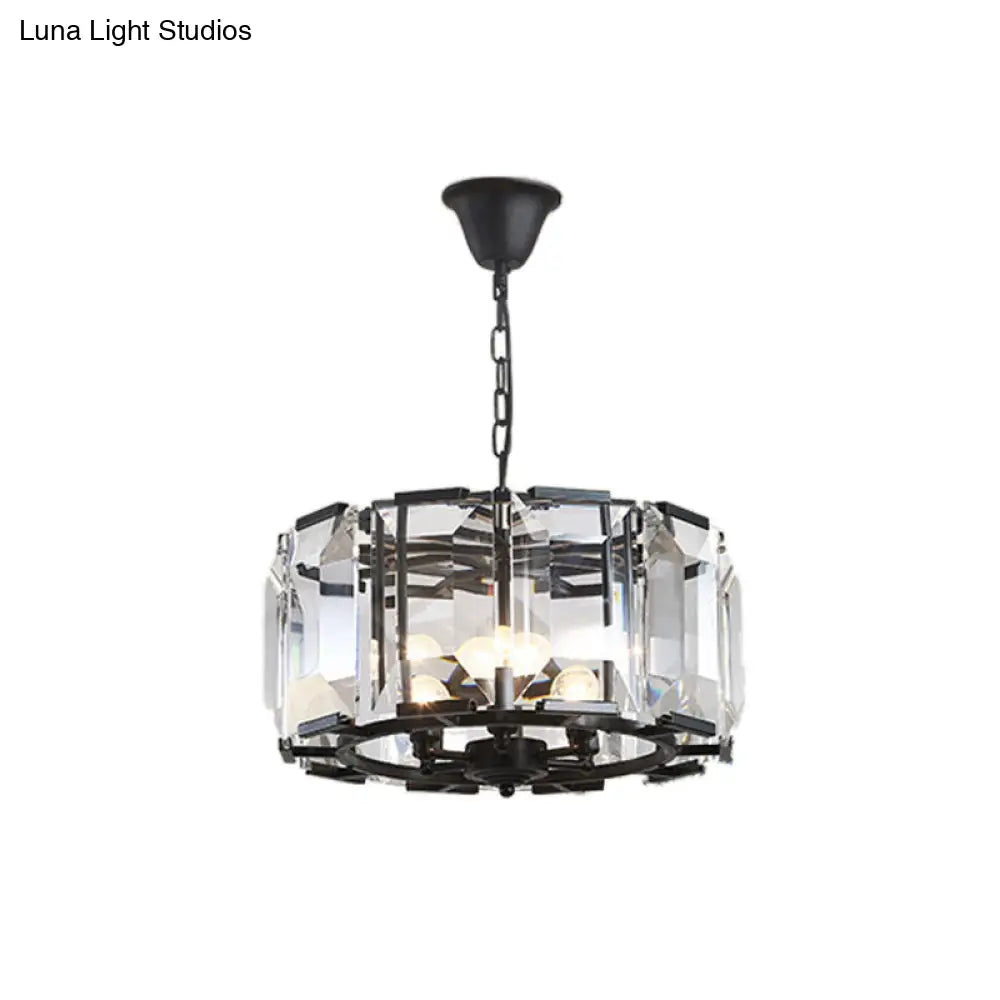 Vintage Black Metal Drum Shade Chandelier with Crystal Block - 18" Diameter, 5/8 Heads Hanging Lamp