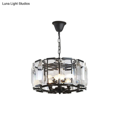 Vintage Black Metal Drum Shade Chandelier with Crystal Block - 18" Diameter, 5/8 Heads Hanging Lamp