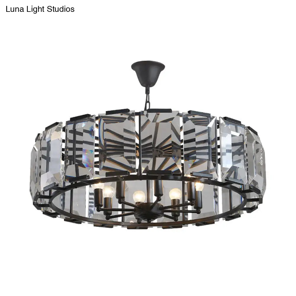 Vintage Black Metal Drum Shade Chandelier with Crystal Block - 18" Diameter, 5/8 Heads Hanging Lamp