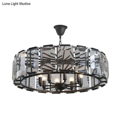 Vintage Black Metal Drum Shade Chandelier with Crystal Block - 18" Diameter, 5/8 Heads Hanging Lamp
