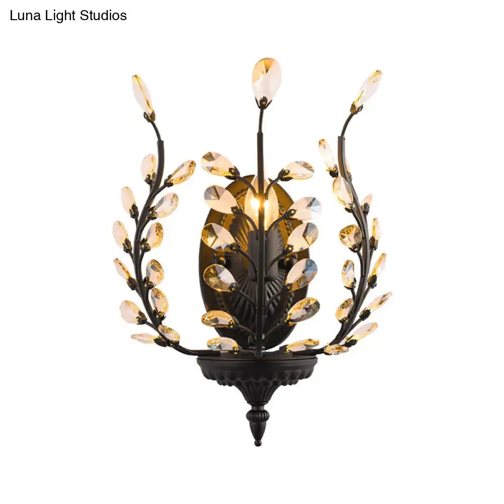 Vintage black metal flower wall lamp with led compatible with 220v-240v 110v-120v adorned with crystal leaf accents