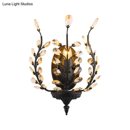 Vintage black metal flower wall lamp with led compatible with 220v-240v 110v-120v adorned with crystal leaf accents