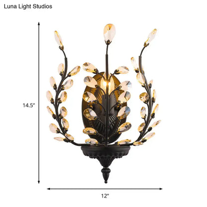 Vintage black wrought iron wall lamp with golden crystal leaves and buds led compatible with 220v-240v and 110v-120v