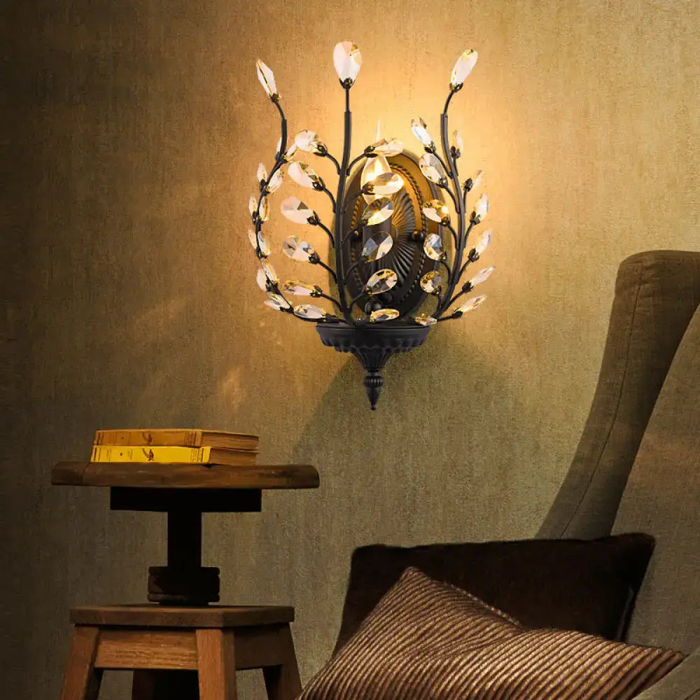 Elegant black wrought iron wall lamp with crystal leaves and LED emitting warm golden glow for bedroom 220v-240v 110v-120v