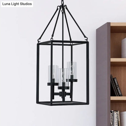 Vintage Black Metal Frame Pendant Chandelier with Clear Glass Candle Lights - 3-Light Ceiling Fixture