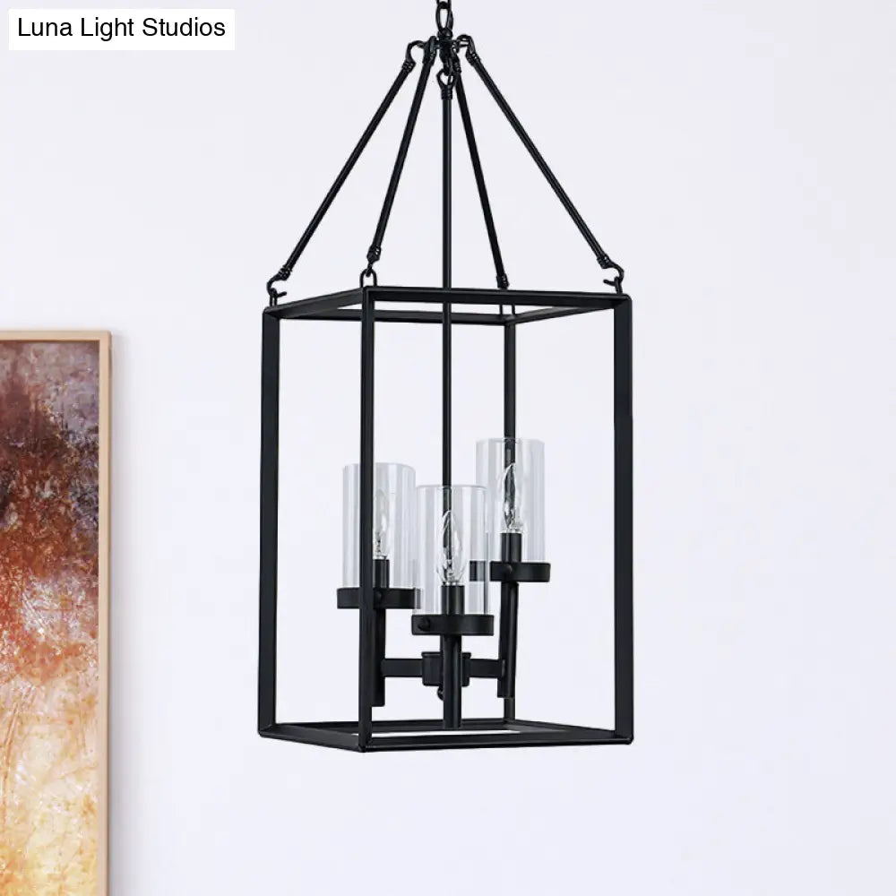 Vintage Black Metal Frame Pendant Chandelier with Clear Glass Candle Lights - 3-Light Ceiling Fixture