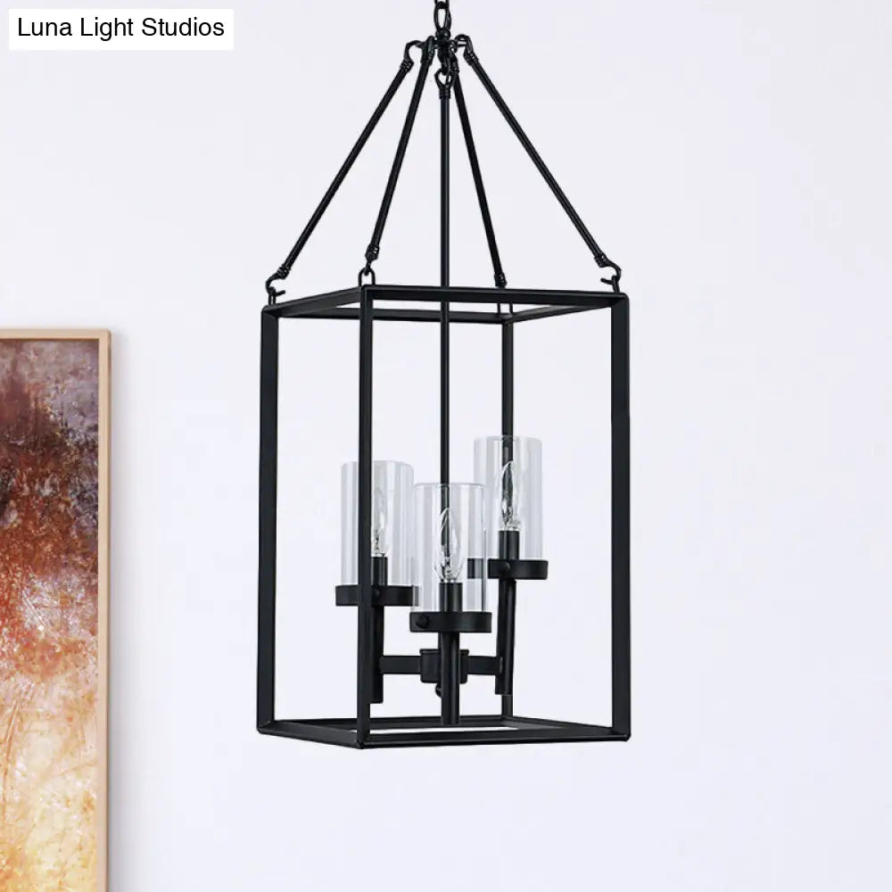 Vintage Black Metal Frame Pendant Chandelier with Clear Glass Candle Lights - 3-Light Ceiling Fixture