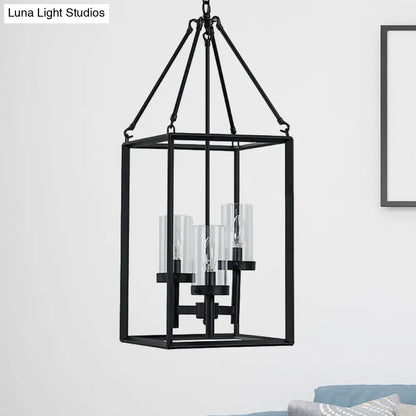 Vintage Black Metal Frame Pendant Chandelier with Clear Glass Candle Lights - 3-Light Ceiling Fixture