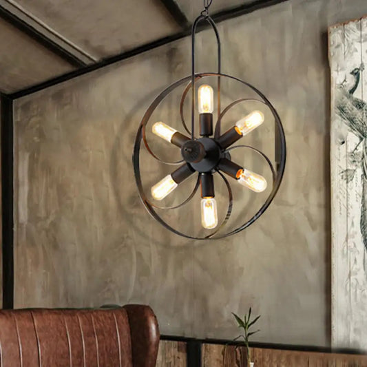 Vintage Black Metal Island Light with 6/18 Bulbs - Elegant Wagon Wheel Pendant for Dining Room
