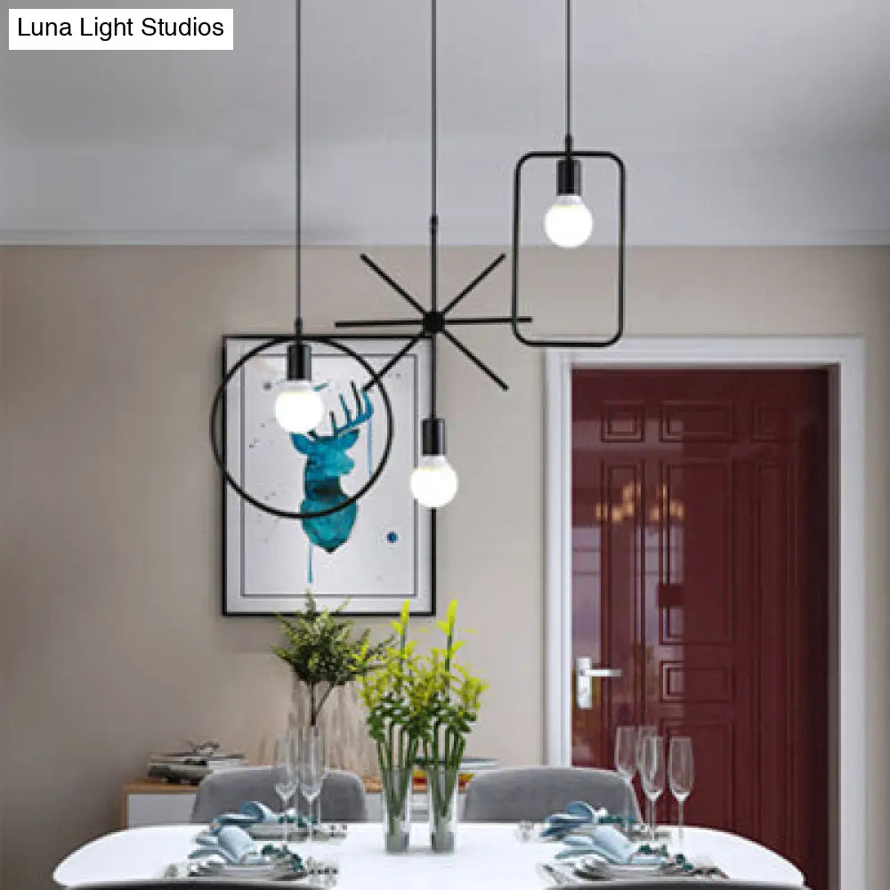 Vintage Black Metal Pendant Light for Dining Room - Multi Light Hanging Ceiling Fixture with Exposed Bulb