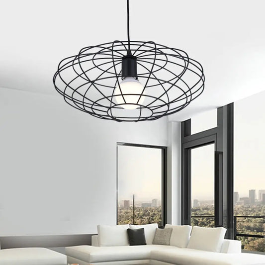 Vintage Black Metal Pendant Lighting - Oval Cage Ceiling Fixture for Living Room