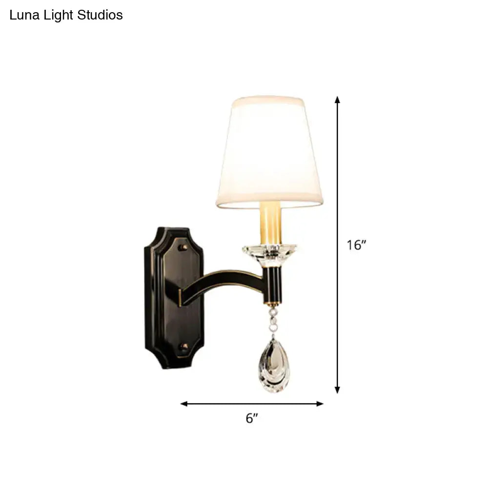 Vintage black metal wall lamp with white fabric shade and cut crystal teardrop pendant for bedroom sconce lighting