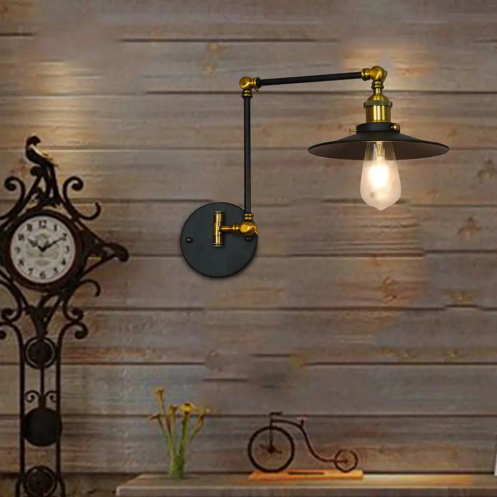 Vintage Black Metal Wall Sconce with Adjustable Arm and Saucer Shade for Living Room Lighting