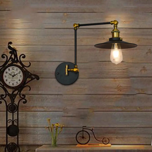 Vintage Black Metal Wall Sconce with Adjustable Arm and Saucer Shade for Living Room Lighting