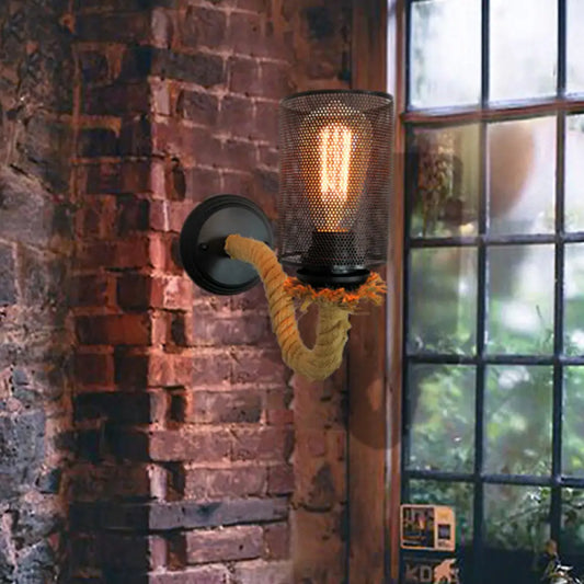 Vintage Black Metal Wall Sconce with Rope Arm - 1-Light Dining Room Lighting Fixture