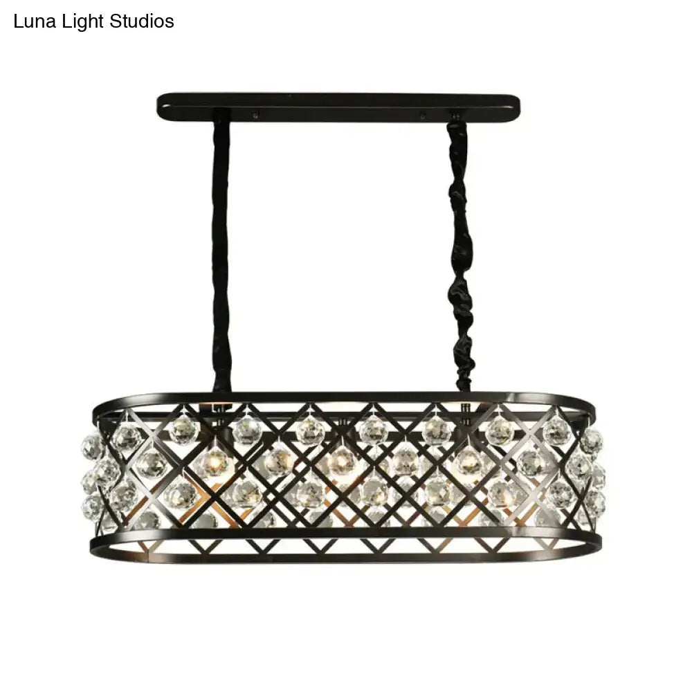 DecorBites vintage black metal chandelier with geometric lattice design and oval crystal accents for dining room ceiling light