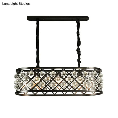 DecorBites vintage black metal chandelier with geometric lattice design and oval crystal accents for dining room ceiling light
