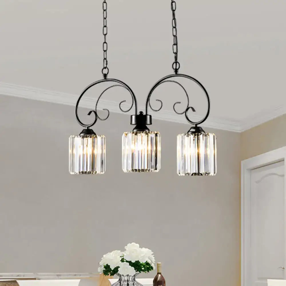 Vintage black wrought iron ceiling light with three crystal glass shades for dining room use