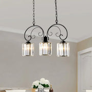 Vintage black wrought iron ceiling light with three crystal glass shades for dining room use