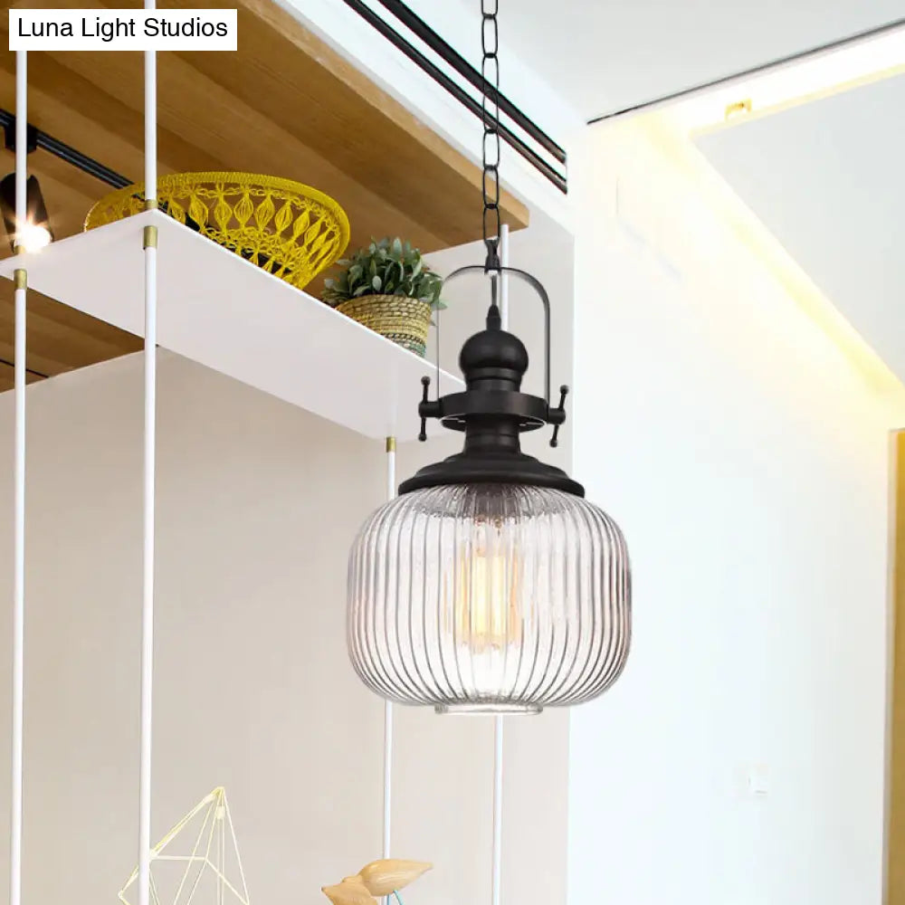 Vintage Black Ribbed Glass Pendant Ceiling Light – Ovale/Drum Style