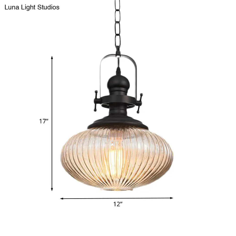 Vintage Black Ribbed Glass Pendant Ceiling Light – Ovale/Drum Style