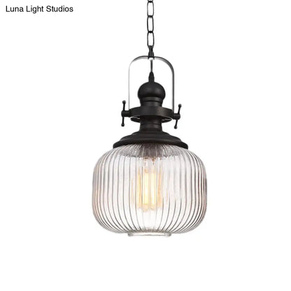 Vintage Black Ribbed Glass Pendant Ceiling Light – Ovale/Drum Style